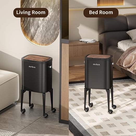 MRBIN Metal Kitchen Trash Can with Wheel Legs, 23L / 6.1gal Medium Press Lid Slim Removable Waste Basket, Pet Proof Tall Narrow Garbage Pail, for Vanity, Bedroom, Bathroom, Living Room, Black & Wood