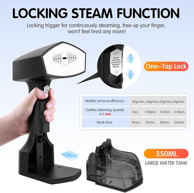 Handheld Garment Steamer for Clothes, 2000W, 10s Heat-Up, 350ml Tank | 40g/min steaming with 3 settings for delicate to heavy fabrics, Leak-Proof, Use for Travel, Home, Office, Wardrobe Care