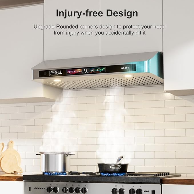 BRANO 30 Inch Under Cabinet Range Hood with Voice/Gesture/Touch Control, 900 CFM Kitchen Vent Hood with 4-Speed Exhaust Fan, Stainless Steel Stove Hood with LED Lights, Baffle Filters