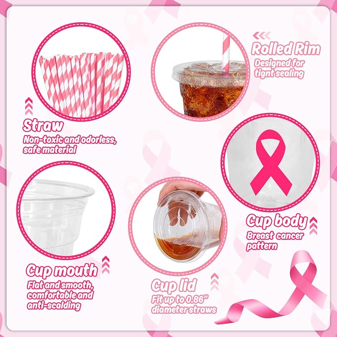Whaline 50Pcs Breast Cancer Awareness Disposable Plastic Cups with Lids and Straws 12 Oz Pink Ribbon Cold Beverage Drinking Cups for Charity Event Women Party Supplies