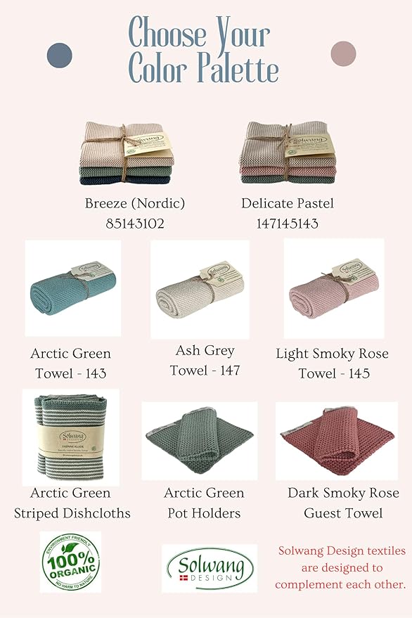 Solwang 3-Piece Danish Cotton Dishcloths in 100% Certified Organic Cotton Made in India (Smoky Rose Organic Combi)