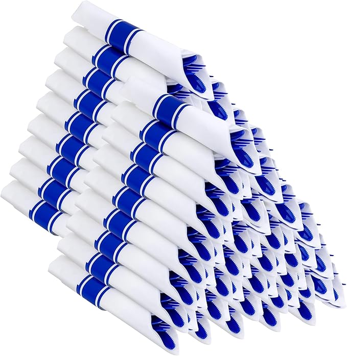 400PCS Pre Rolled Blue Plastic Silverware Sets - Heavy Duty Blue Cutlery - Include 100 Pack Wrapped Disposable Utensils with Napkins for Parties & Weddings & Independence Day & 4th of July