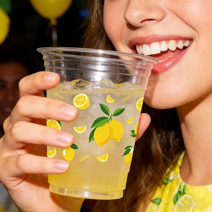 Rngmsi Lemon Plastic Cups for Party - 50 Pcs Lemonade Stand Supplies, 12 OZ Clear Disposable Lemonade Cups, Summer Lemon Party Decorations for Birthday
