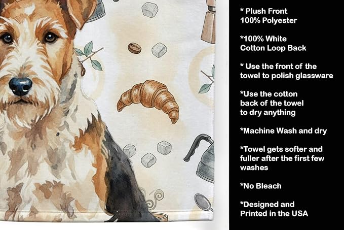 Caroline's Treasures Wire Fox Terrier Coffee Bar Kitchen Towel Velour Plush Front and Cotton Loop Back Machine Washable