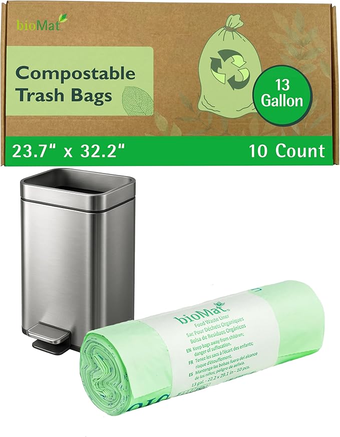 bioMat Compostable Trash Bags 13 Gallon, 10 Count, Tall flat top Kitchen Food Scrap Bin Liners, BPI, CMA and OK Compost HOME certified, Meets the ASTM D6400 Standard
