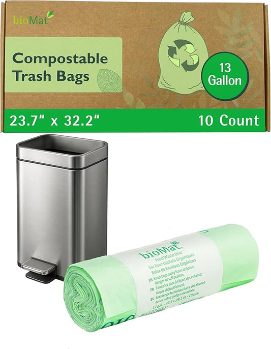bioMat Compostable Trash Bags 13 Gallon, 10 Count, Tall flat top Kitchen Food Scrap Bin Liners, BPI, CMA and OK Compost HOME certified, Meets the ASTM D6400 Standard