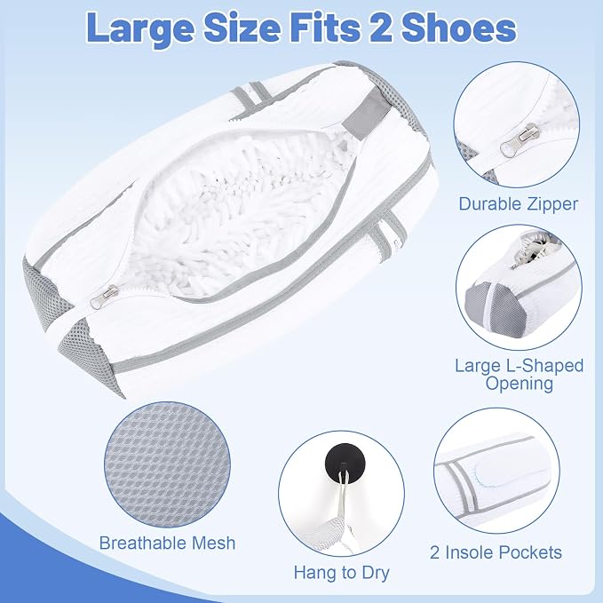 Dntorx 2 PCS Shoe Washing Machine Bag, Reusable L-shaped Zipper Laundry Shoe Bag for Washing Machine with Insoles Mesh Pocket for Washer and Dryer, Shoe Cleaning Bags for Sneaker Tennis Shoes
