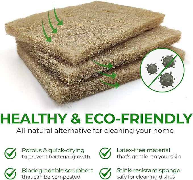 AIRNEX Biodegradable Scrubbing Pads for Dishes - Pack of 24 Coconut Fiber Scrub Pads for Dishes - Non Scratch Scouring Pads for Pots and Pans with Pack of 16 Cellulose Compressed Sponges