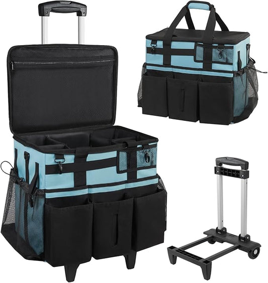 SCAVATA Rolling Cleaning Caddy Bag with Detachable Trolley, Large Cleaning Supplies Organizer with Wheels, Multi Pocket Cleaning Cart with Adjustable Shoulder Strap for Housekeepers & Home, SkyBlue
