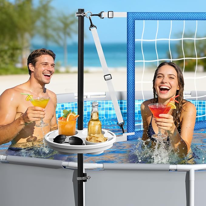 Above Ground Pool Volleyball Net Set with Storage Tray – Adjustable 10-20FT Anti-Sag Net, Poles, Ball & Installation Accessories – Fun Outdoor Swimming Water Games for Kids Adults Family