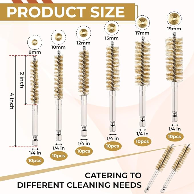 60 Pcs Bore Brush for Drill, Stainless Steel Wire Cleaning Brushes Bulk with 1/4" Hex Shank Copper Pipe Cleaner Drill Attachment for Rust Engine Tube(8/10/12/15/17/19mm)(Brass)