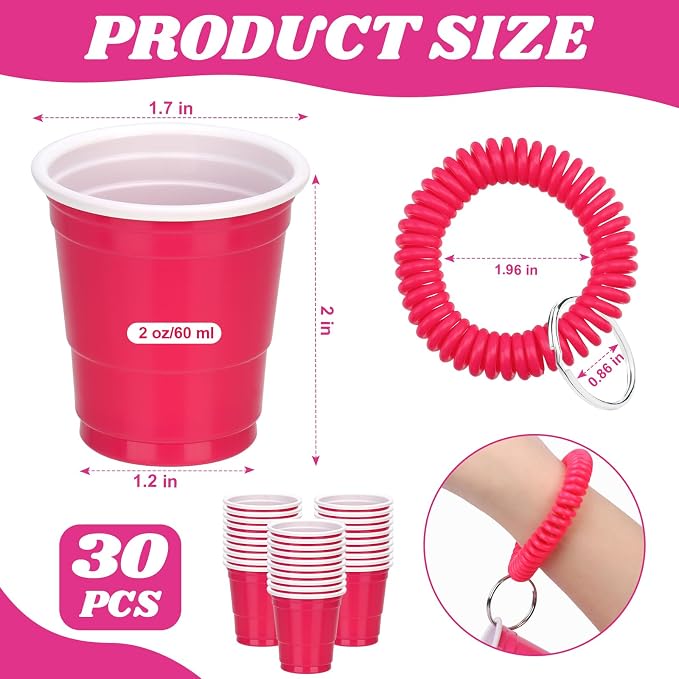 30 Pcs Hot Pink Shot Cups with Wristband for Party 2oz Plastic Shot Glasses Bulk Disposable Mini Shot Glasses with Bracelet Wear On Solo Cups for Bachelorette Party Wedding Birthday Graduation