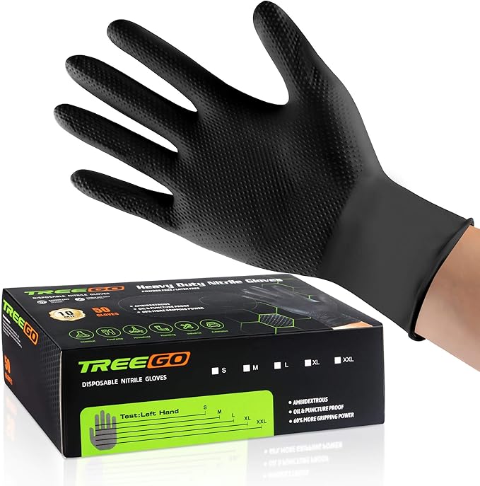 TREEGO 10 Mil Black Nitrile Gloves Heavy Duty — Diamond Texture Grip, Latex Free Disposable Mechanic Gloves, X-Large, 50 Count