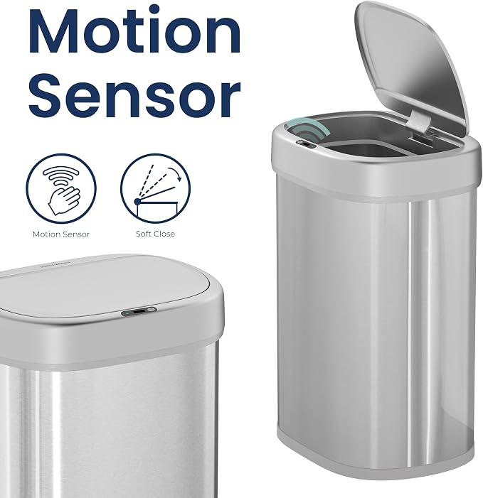 Ninestars DZT-80-24 Automatic Motion Sensor Trash Can with Adjustable Sensor Range, Stainless Steel Base, Silver Lid, 21 Gallon