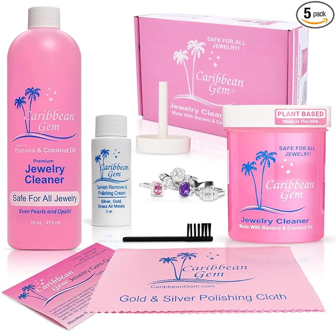Caribbean Gem Jewelry Cleaner 16oz & 8oz, Basket, Brush, Polishing Cream & Polishing Cloth - Jewelry Cleaning Kit for All Gold, Silver, Diamonds, Rings, Necklaces, Gems, Precious Stones & Metals