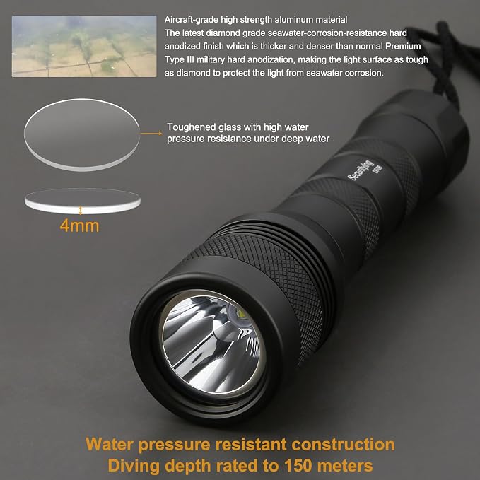SecurityIng Waterproof 1000 Lumens LED Diving Flashlight Underwater 150m Super Bright LED Scuba Light, 9 Degrees Narrow-Angle Beam Diving Safety Light Night Dive Torch (with Batteries)
