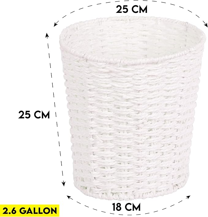 Zuvo Round Wicker Waste Basket Paper Bin - Wicker Trash Basket - Woven Trash Can Rubbish Basket for Bedroom, Bathroom, Offices or Home (White)