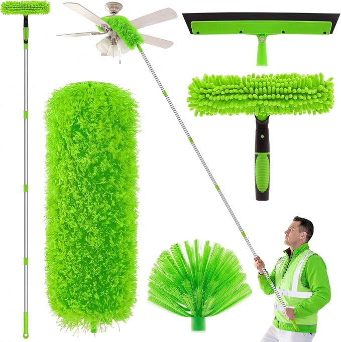 30 Feet High Reach Duster Kit with 2-24 ft Extension Pole High Ceiling Dusting and Window Cleaning Kit with Window Washer & Squeegee, Cobweb Duster, Washable Head for Ceiling Fan(Green)