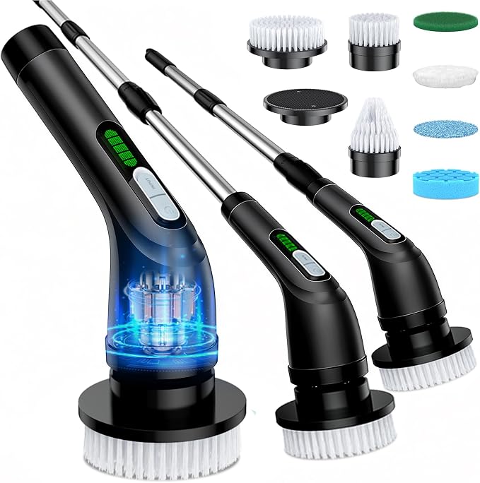 Highyes Electric Spin Scrubber, Powerful 2-Speed Cleaning Brush, | IPX7 Waterproof with 7 Reusable Brush Heads & Extendable Handle, for Bathroom Toilet Shower Kitchen Wall Tile Floor Grout