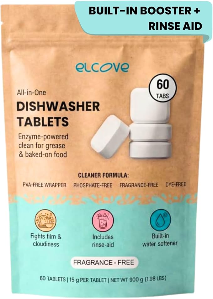 Non Toxic Dishwasher Detergent, 60pk All-in-One Dishwasher Tablets with Built-In Dishwasher Rinse Aid and Water Softener, Non Toxic Dishwasher Pods, Unscented, Septic Safe