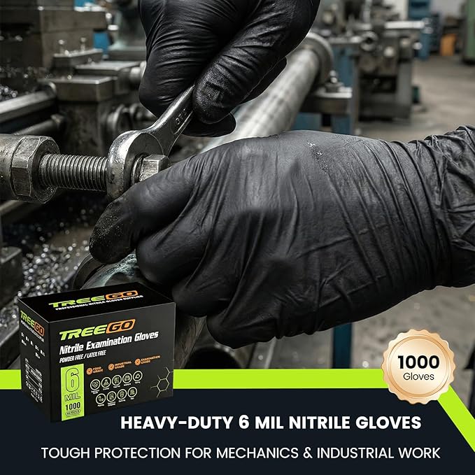 TREEGO 6 Mil Black Nitrile Gloves Large, 1000 Count Disposable Powder-Free Latex-Free, Industrial Mechanic Gloves, Heavy Duty Medical Exam