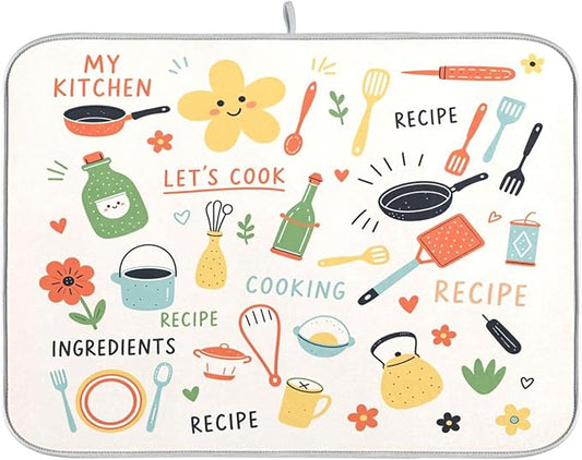 Kitchen Drying Mat Absorbent Dish Drying Mat for Kitchen Counter Kitchen Doodle Pattern Microfiber Drying Mat 18 x 16 Inches