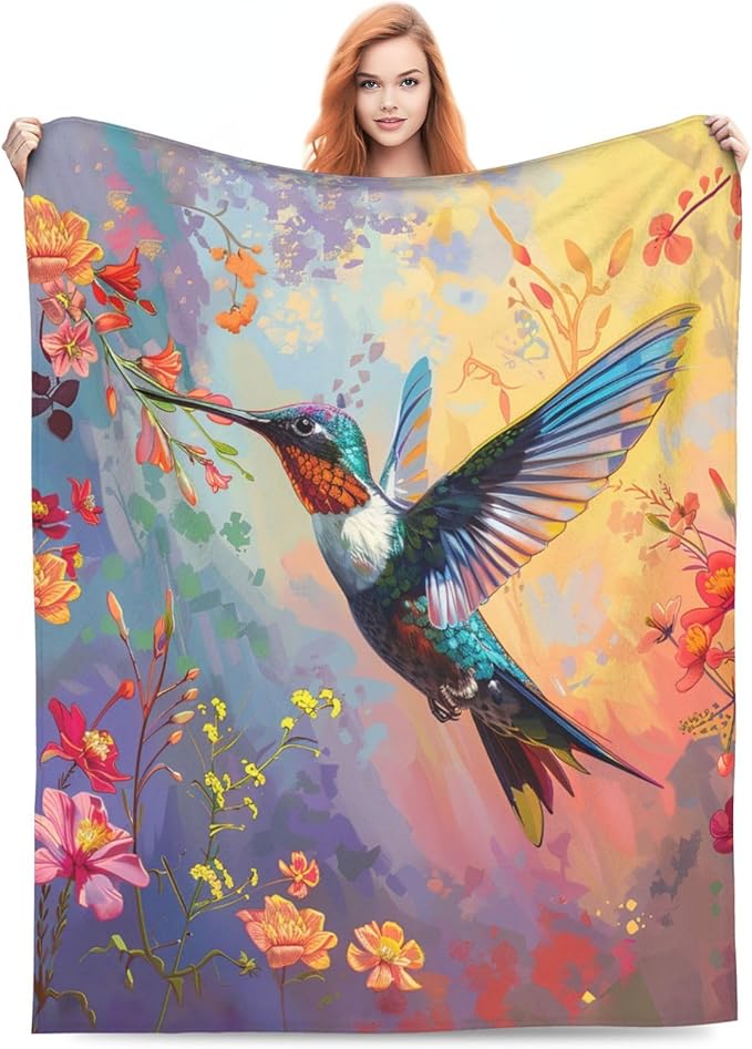 Hummingbird Flower Blanket Bird Floral Decor Throw Blanket Cozy Plush Flannel Fleece Warm Soft Lightweight Fuzzy Blanket Hummingbird Gifts for Women Girls Boys Teens for Bed Sofa Couch 60"X80"