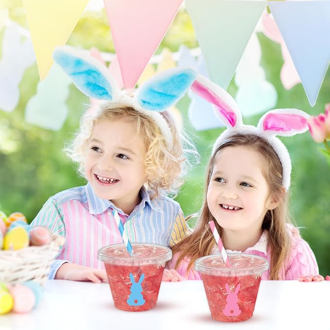 Whaline 60Pcs 9Oz Easter Disposable Plastic Cups with Lids and Straws Candy Color Bunny Rabbit Cold Beverage Drinking Cups for Iced Coffee Smooth Juice Tea Milkshake