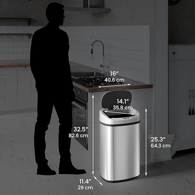 SensorCan 13 Gallon Touchless Sensor Odor Control System, Stainless Steel Oval Shape Automatic Garbage Bin, Base Model Trash Can