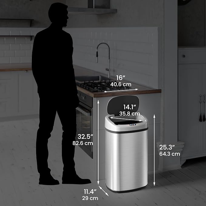 SensorCan 13 Gallon Automatic Touchless Sensor Kitchen Trash Can with Odor Filter and AC Adapter, Stainless Steel Garbage Recycle Bin, Oval Shape, Slim and Space Saving for Home, Office, Business