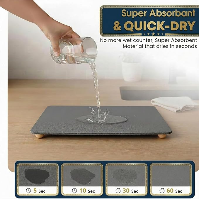 Stone Drying Mat for Kitchen Counter with 5 Wooden Feet &Bamboo Rack, 19.7"×15.7" Diatomaceous Earth Dish Drying Mat, Elevated Drying Stone Mat for Modern Kitchen Countertop