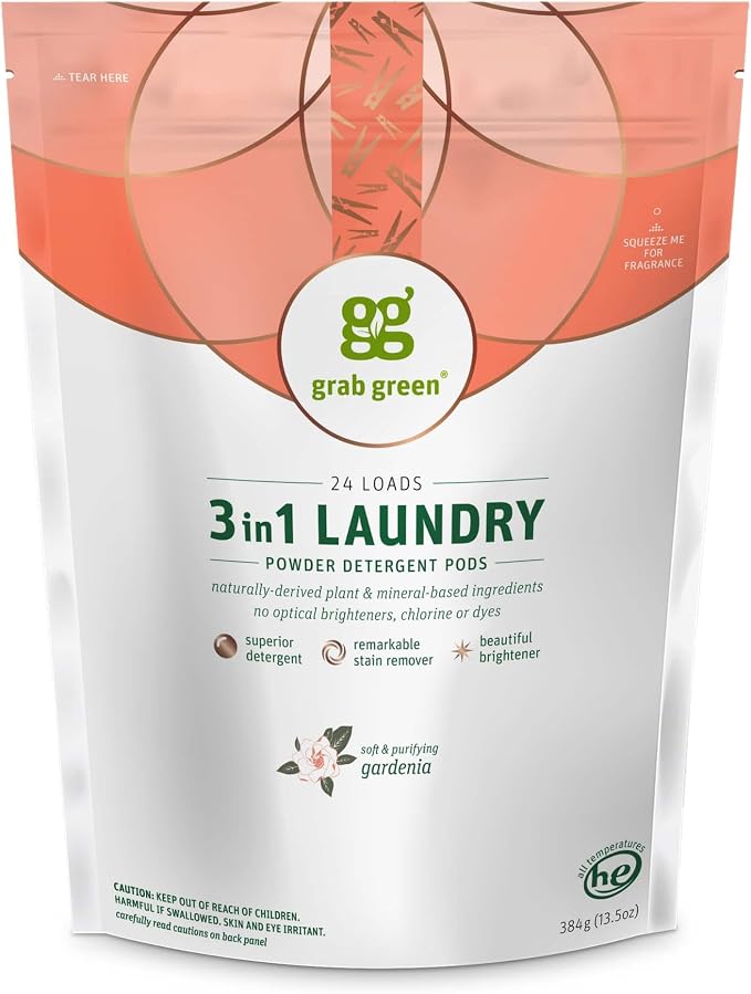 Grab Green 3-in-1 Laundry Detergent Pods, 24 Count, Gardenia | Plant & Mineral-Based; Enzyme-Powered; Velcro Closure; Laundry Brightener; Stain Remover