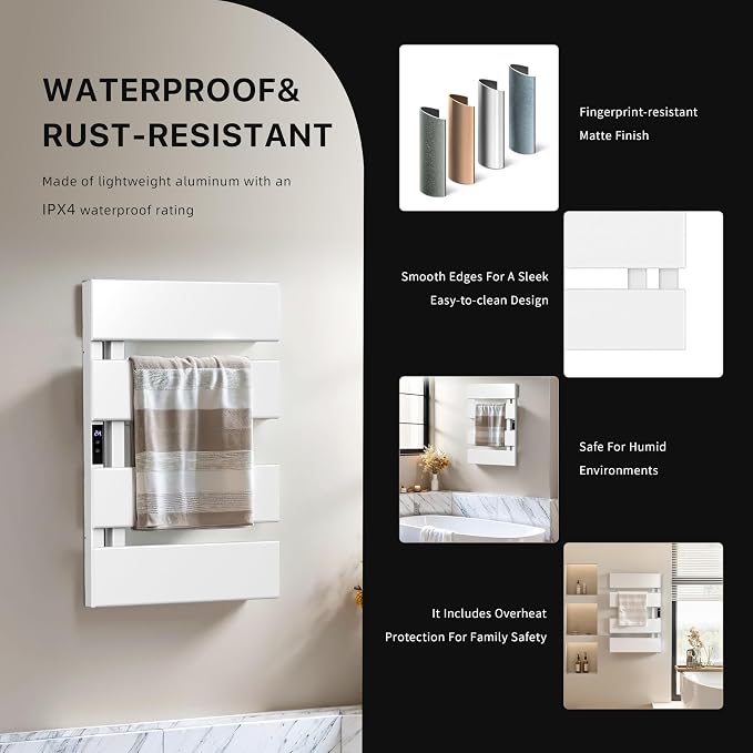 Electric Towel Warmer with Smart LED Timer, Modern [2/3/4] Bar Large Panel Heated Towel Rack, Wall-Mounted Plug-in/Hardwired 2-in-1, Rapid Warmth for Bathrooms, [Matte Black/Alpine White]