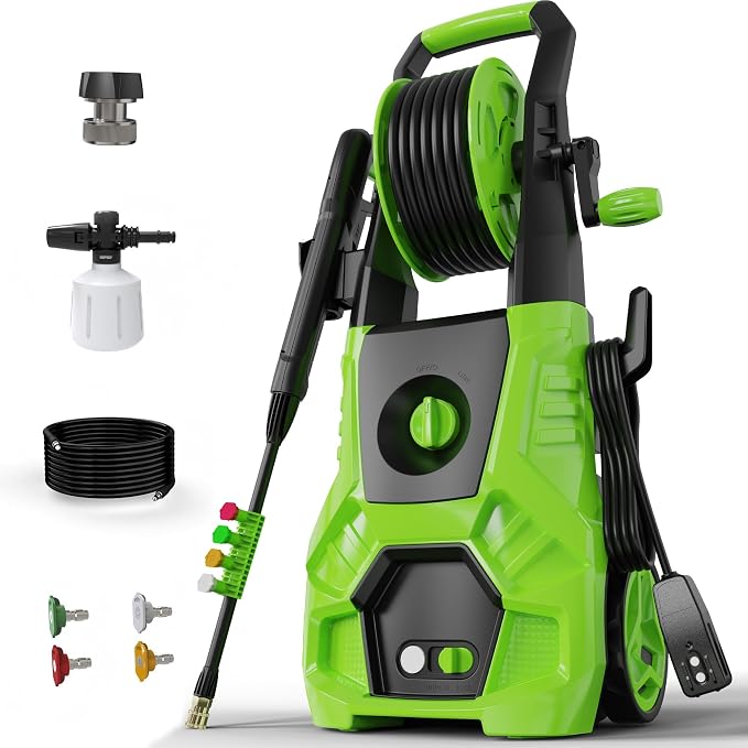 5000PSI PowerWasher with 4 Quick Connect Nozzles, Foam Cannon for Car, Lane, Patio Cleaning, Hydro Jet Pressure Hose Water Wand for Gutter Patio Car Garden Window, Green