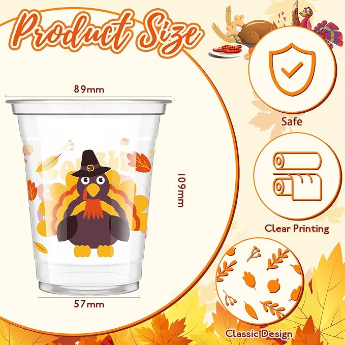 Meanplan 100 Pcs Thanksgiving Plastic Cups Bulk 12oz Fall Disposable Cups Autumn Pumpkin Leaf Turkey Clear Drinkware Tumblers Coffee Juice Wine Glasses Harvest Wedding Party Supplies(Turkey)