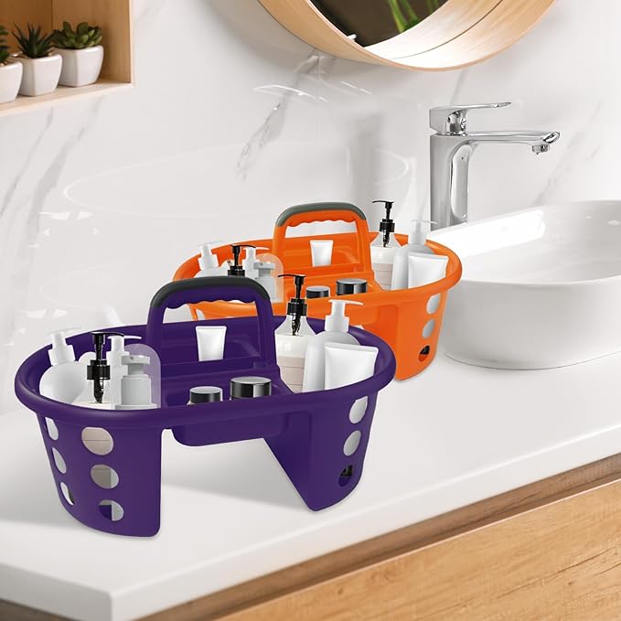 SIMPLYKLEEN Large Shower Caddy Portable 2PC - Made in USA Plastic Jumbo Size Dorm Storage Candy Tote with Handle Shower Organizer for Bathroom, Pantry, Kitchen, College Dorm, Orange/Purple