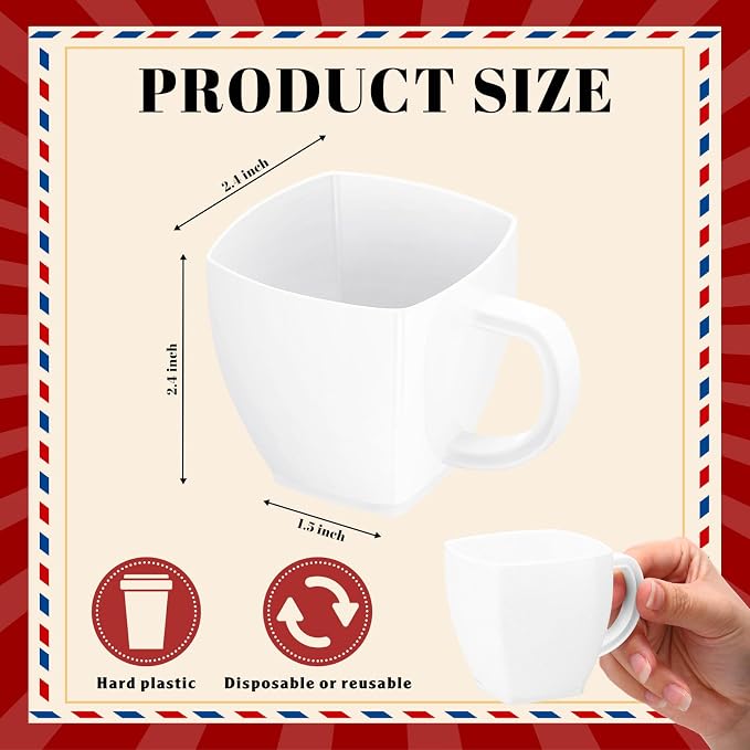 Amyhill 50 Pcs 5 oz Disposable Tea Cups Bulk with Handle Mini Hard Plastic Coffee Mug Square Disposable Espresso Cups for Tea Party Wedding Catering Dessert Sampling (White)