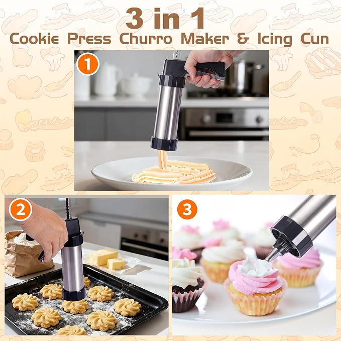 Ideal Swan Stainless Steel Cookies Press with 13 Cookie Discs and 9 Piping Tips Cleaning Brush & Filling Piping Bag, Stainless Steel Churro Maker Machine for DIY cake Maker Decorating Baking Supplies
