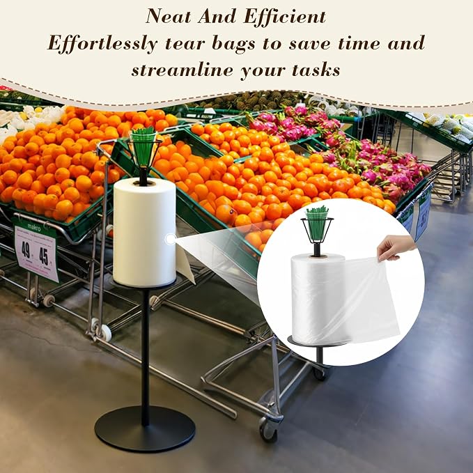 Zonon 41 Inch Grocery Roll Bag Holder Floor Standing Produce Bag Dispenser with Twist Tie Cup Organizer Black Straight for Supermarket Grocery Kitchen Storage(Single Head)