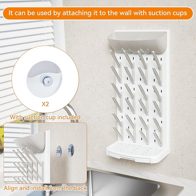 SuoXing Vertical Baby Bottle Drying Rack with Brush- Hold 24 Bottles - Large Breast Pump,Bottle Dryer Rack for Kitchen Countertop,Space Saving Bottle Stand Holder for Pacifiers,Pump Accessories,Grey