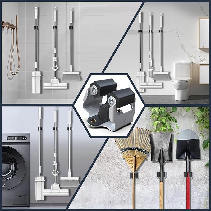 3-H Mop Holder 12 Pack,Brush Holder,Broom Holder Wall Mounted for Kitchen Bathroom Laundry Room Shed Garage Garden(Black)