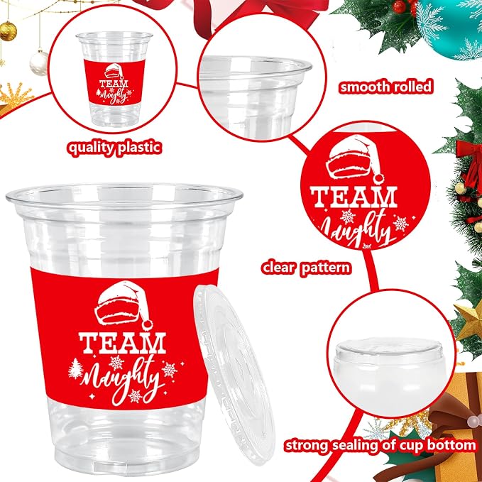JarThenaAMCS 50Pcs 12Oz Christmas Plastic Cups with Lids & Straws Team Nice or Naughty Disposable Clear Drinking Cups for Winter Xmas Party Supplies