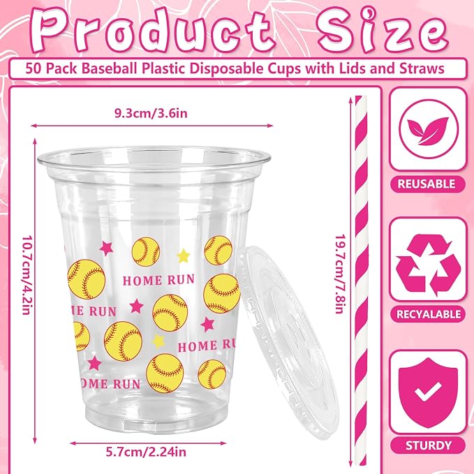 FYSUIMU 50 Pcs Softball Plastic Cups with Lids and Straws Clear Plastic Cups Yellow Baseball Party 12 Oz Disposable Cup for Sports Party Supplies