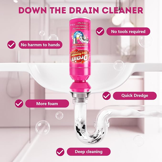 Foaming Drain Cleaner, Drain Clog Remover, Sink Hair Cleaner and Deodorizer, Pipe-Safe Foam Cleaner for Kitchen Sinks Bathroom Drains Showers Tubs, Fast Odor Control, Easy Foam Care (2Pcs)