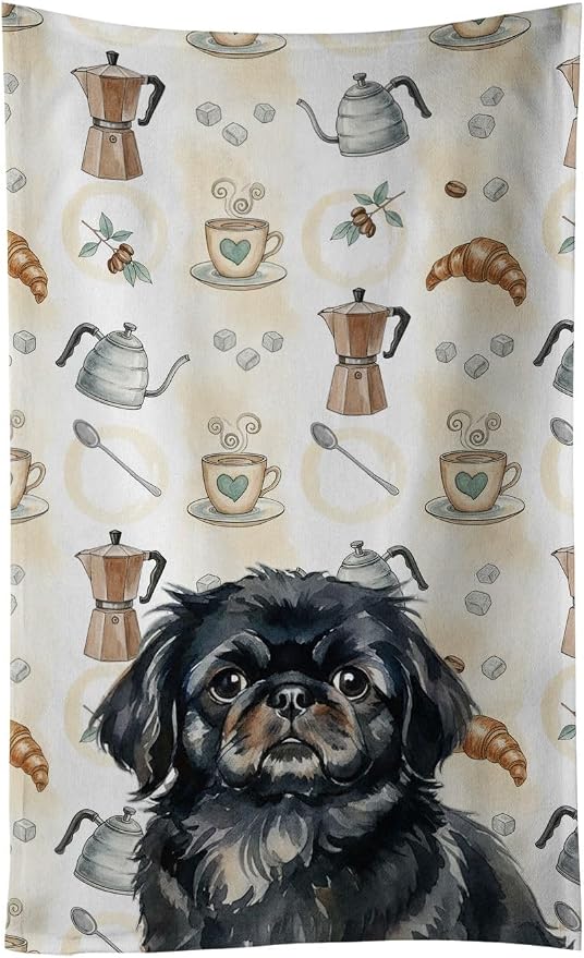 Caroline's Treasures Black Pekingese Coffee Bar Kitchen Towel Velour Plush Front and Cotton Loop Back Machine Washable