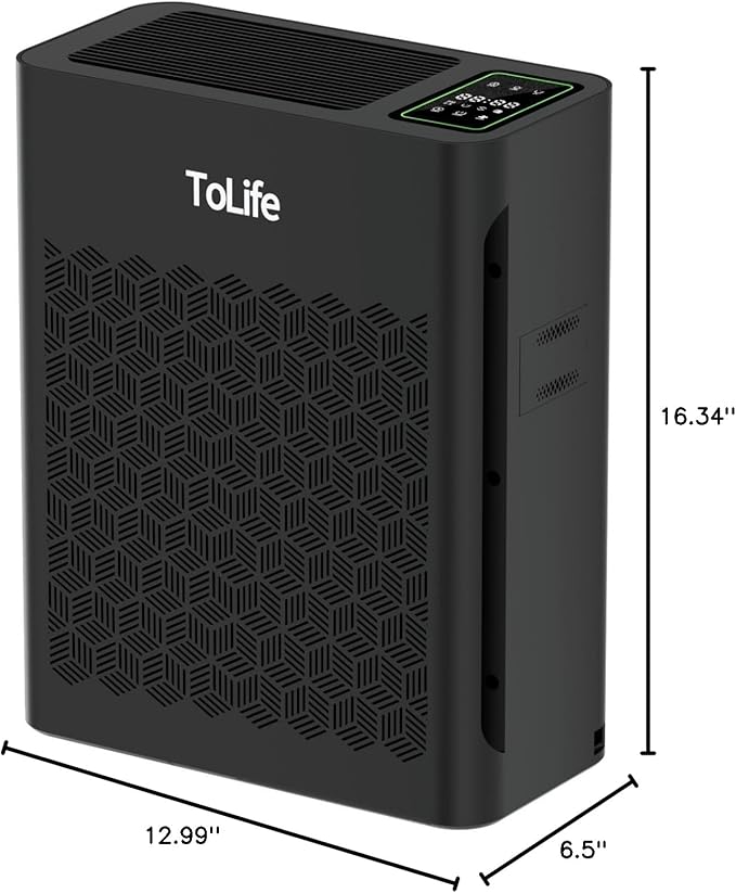 ToLife Air Purifiers for Home Large Room Up to 1295 Ft² with PM 2.5 Display Air Quality Sensor, Auto Mode, Timer, Air Purifier for Bedroom Filters Smoke, Pollen, Pet Dander, Allergies, Black