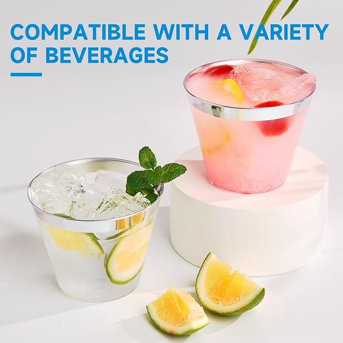 RACETOP 9 oz 200 Pack Clear Plastic Cups, Disposable Clear Plastic Cups With Silver Rim for Parties, Gatherings, Weddings, and Festival Events