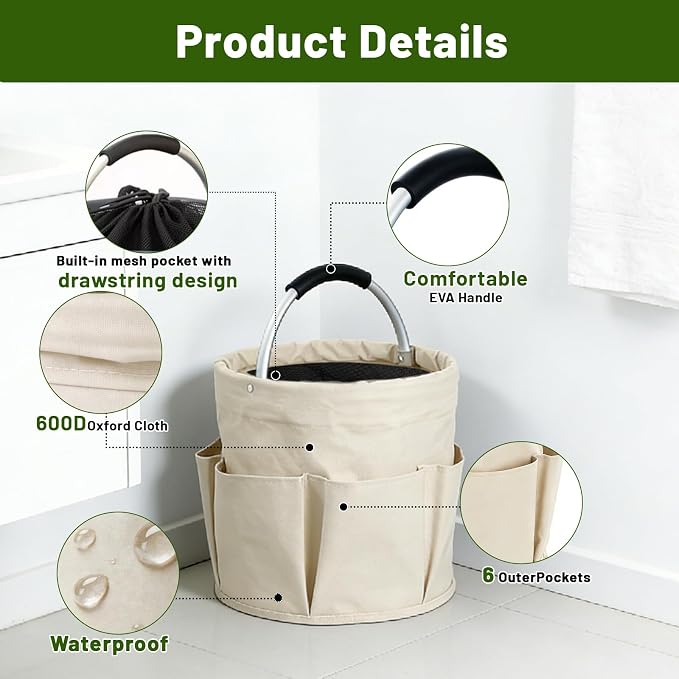 17L Foldable Cleaning Caddy with Handle - Portable Oxford Fabric Storage Bucket, Organiser for Cleaning Supplies, Toiletries, Home, Garden, Picnic & Beach (Beige)