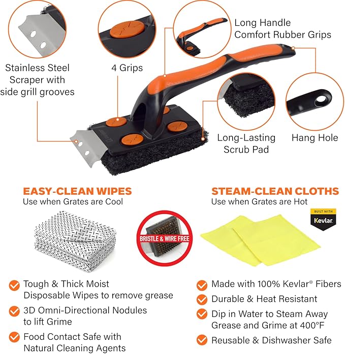 Proud Grill Q-Swiper XL Complete Grill Cleaning Kit - Long Bristle & Wire-Free Brush, Steam-Clean Cloths, Moist Wipes, Exterior Reusable Cloth & Plastic Tray, Grease & Grime Remover, BBQ Accessories