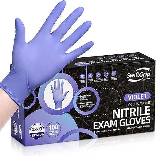 SwiftGrip Disposable Nitrile Exam Gloves, 3mil, Large, Box of 100, Violet Nitrile Gloves Disposable Latex Free for Medical, Cleaning, Cooking & Esthetician, Food-Safe, Powder-Free, Purple